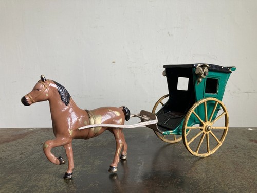 Vintage Hand Painted Brass Horse and Cart Figure Ornament Farmhouse Barn Salvage - Picture 13 of 21