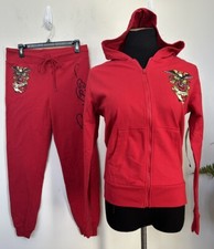 NWT Ed Hardy 2 Pc Sweatsuit Red Y2K Rose Stud Zip Hoodie Jogger Pant Women  s L