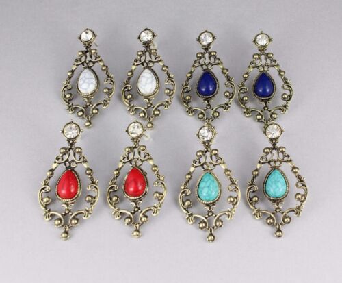 filigree dangle post earrings scroll cutout teardrop antiqued gold turquoise - 第 11/11 張圖片