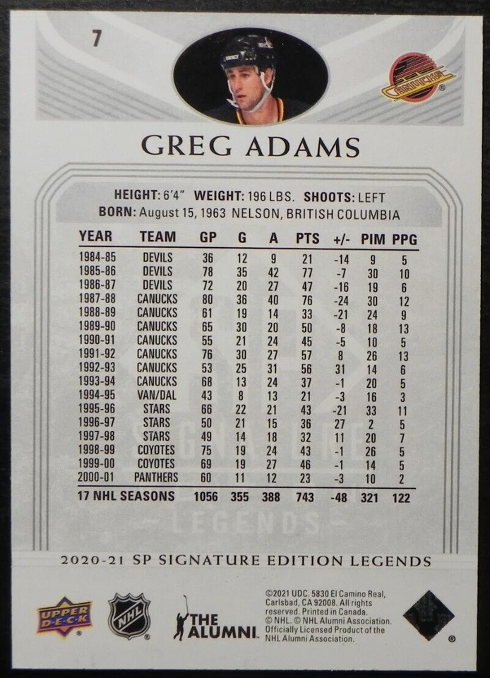 2020-21 20/21 SP Signatures Edition Legends Silver Script #7 Greg Adams Canucks - Image 2 of 2