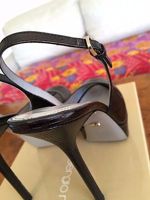 SERGIO ROSSI BLACK LEATHER PLATFORM PEEP TOE SLING BACK HEELS