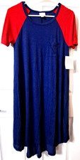 LuLaRoe Carly XXS Short Raglan Sleeve Blue Red Colorblock Pocket T-Shirt Dress
