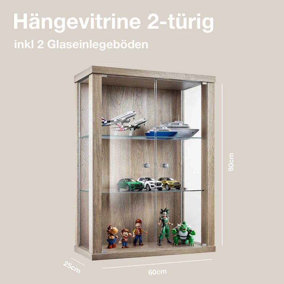 K-Möbel Glasvitrine in Sonoma Eiche (80x60x25cm); Regal Schrank Sammlervitrine - Bild 2 von 4