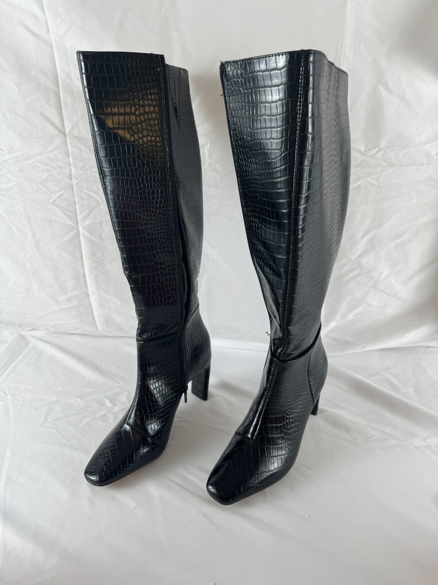 Womens High Heel Square Toe Crocodile pattern Zipper Knee High