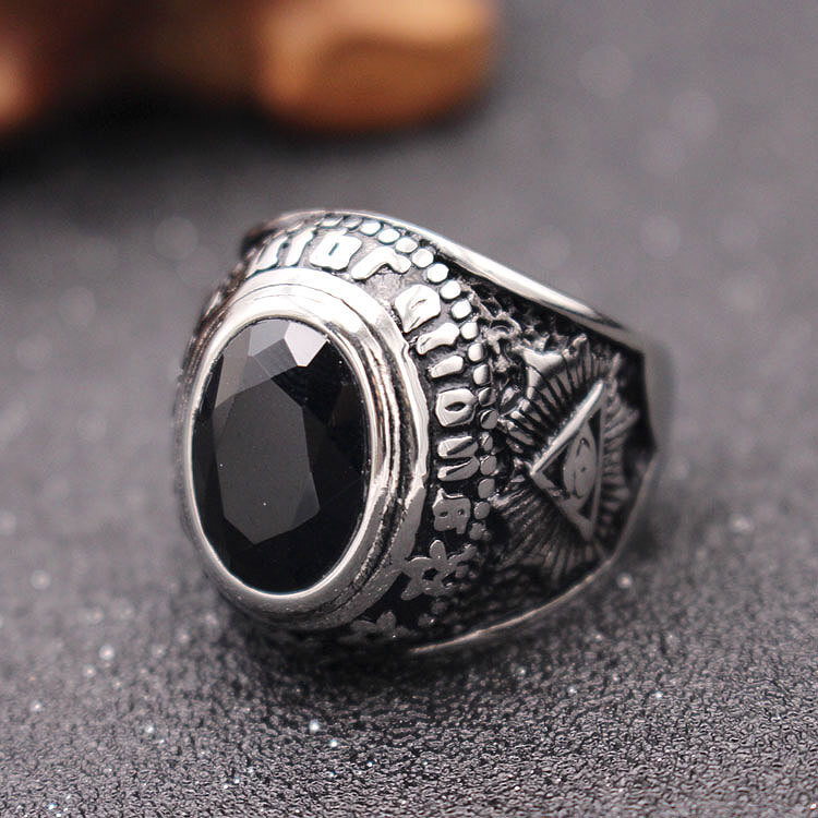 All Seeing Eye Black CZ Masonic Wedding Ring Stainless Steel