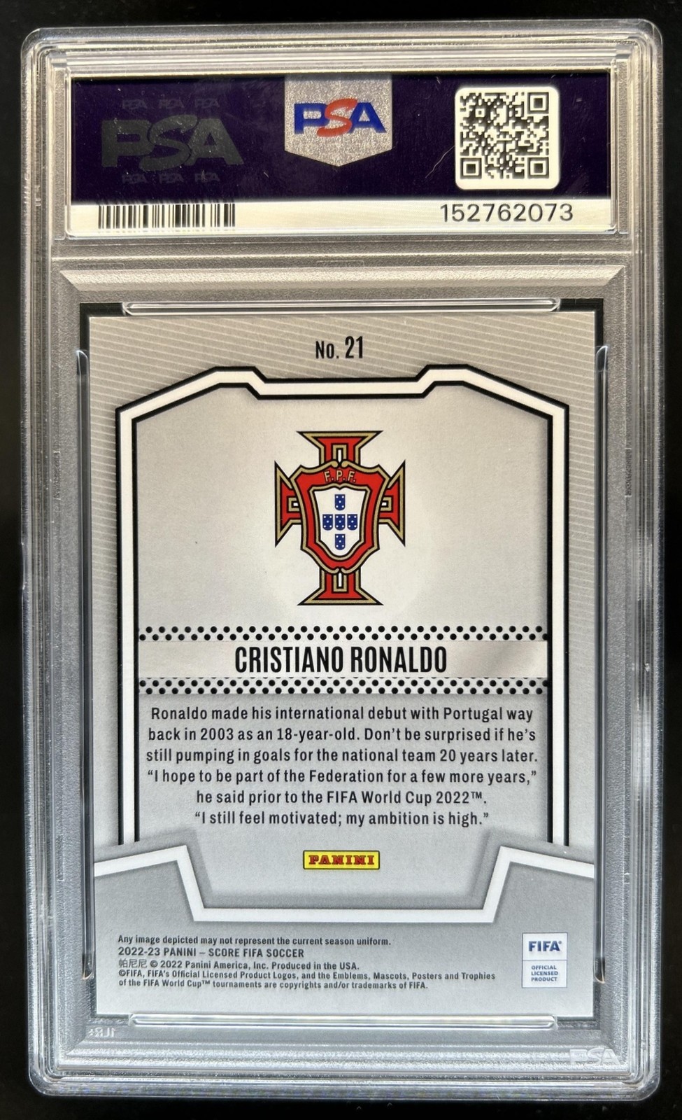 2022-23 Panini Score FIFA Cristiano Ronaldo Team Purple Lasers #/15 PSA 9 view 2