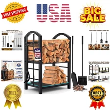 Firewood Rack Indoor with Tools 5-Piece Fireplace Tools Set Wood Holder Outdo...