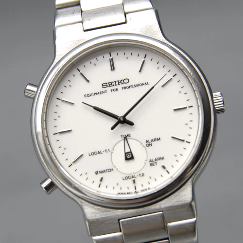 Vintage [N MINT] SEIKO Business Timing 8M11-7000 White Alarm 33m QZ Men's Watch