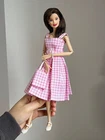 11.5" Vintage Dolls Clothes Pink Plaid Skirt Dress Bag for 1/6 BJD Doll Outfits