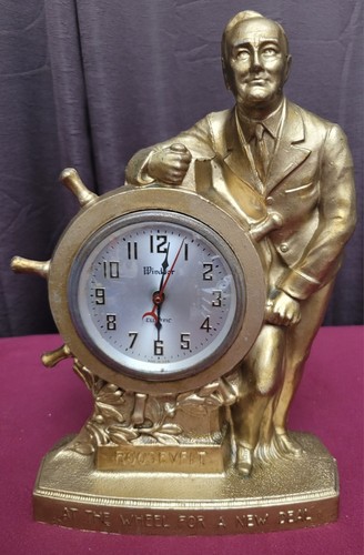 FDR "At the Wheel For A New Deal" Gold-tone Metal Mantel CLOCK 1930s - Picture 2 of 8