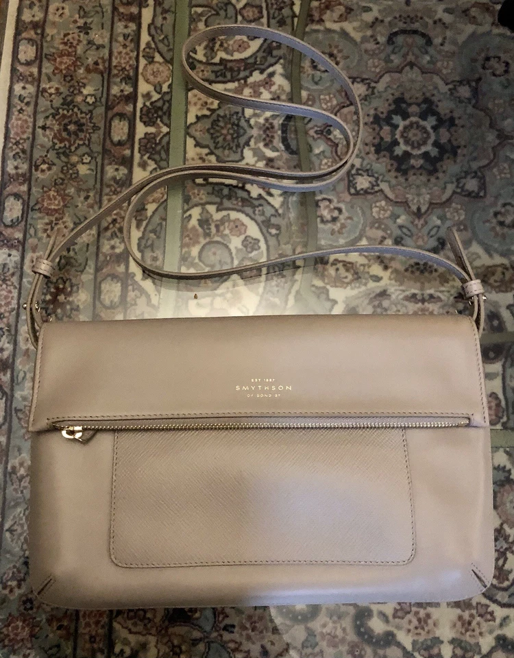 Smythson of Bond Street - Crossbody Flap Bag Zipper Lt. Gray - Image 3 of 4