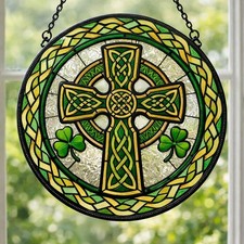 Celtic Cross Shamrock Stained Glass Suncatcher Irish Window Hanging Gift
