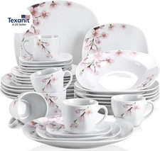 Annie Porcelain Dinnerware for 6, 30-Piece Pink Floral Dish Set with Plates and