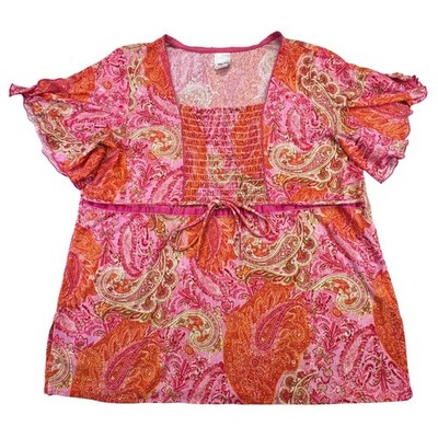 Roaman's Shirt Women's Large Paisley Western Mesh Pink Orange Tunic Top