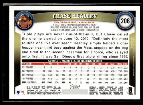 2011 Topps Baseball Walmart Black Chase Headley San Diego Padres #206 - Picture 2 of 2