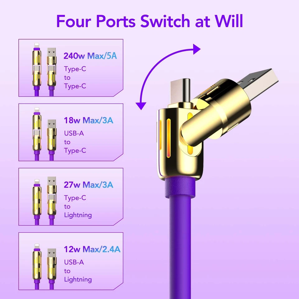 240W 4-in-1 Universal USB Charging Cable [2 Pack, 6.6ft] – Fast Charger Cord ... - Image 4 of 4