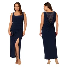 Adrianna Papell Dress Womens 22W Navy Blue Embellished Jewel Gown Evening Party