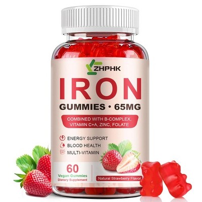 ZHPHK Iron Supplement Gummies 65mg w/ Folate for Women, Men, Kids. Gentle, Vegan