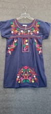 YZXDORWJ Navy Blue Floral Embroidered Mexican Peasant Dress - Medium