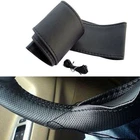 PU Leather DIY Stitch Auto Car Steering Wheel Cover w/ Needle & Thread 15" Black