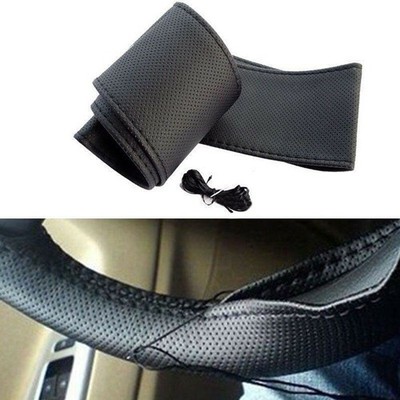 PU Leather DIY Stitch Auto Car Steering Wheel Cover w/ Needle & Thread 15'' Black