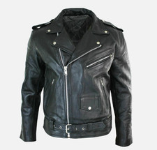 Men's Motorcycle Leather jacket Genuine Buffalo Skin Brando Style Black Biker