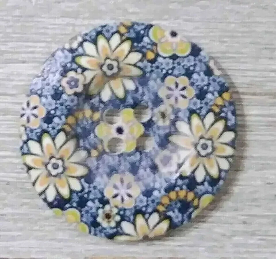 flower large wood sewing button 4 holes 1 1/2 inch yellow blue - Image 2 of 2