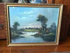 Tranquil Scenic Gold Framed Watercolor of Lake Shoreline Red Roofed Cottages