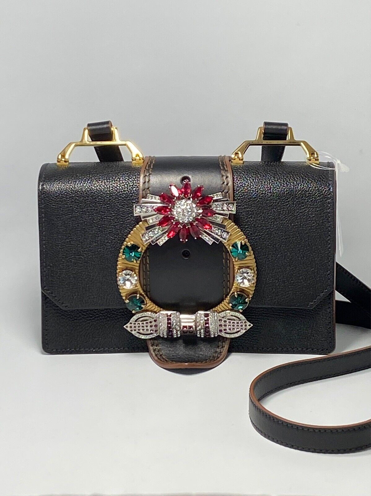 Miu Miu Madras Crystal Embellished Leather Shoulder Bag