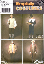Men's Colonial Early American Costumes Simplicity Sewing Pattern 5958  XS to XL