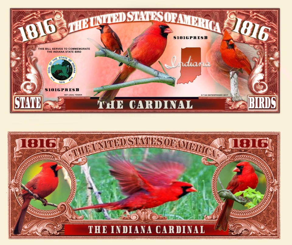 Indiana Cardinal Bird Dollar Bill Play Funny Money Novelty Note with FREE SLEEVE