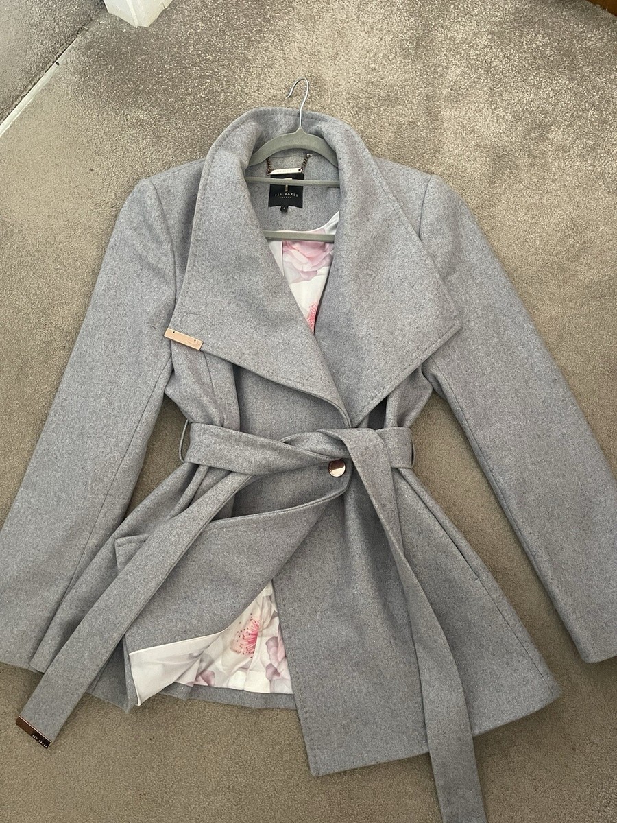 Ted Baker Coat Short Wrap Coat Size Coat Wool Blend 🩷 Grey Floral