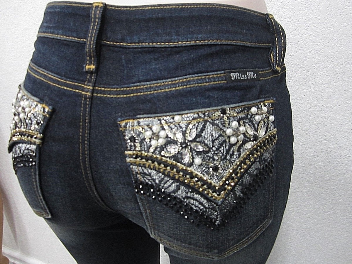 Miss Me Women's Embroidered Western Bootcut Jeans - Rhinestone Pocket Mid-Rise Denim