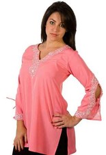 Pink Crepe Kurti / Tunic with white neckline emroidery