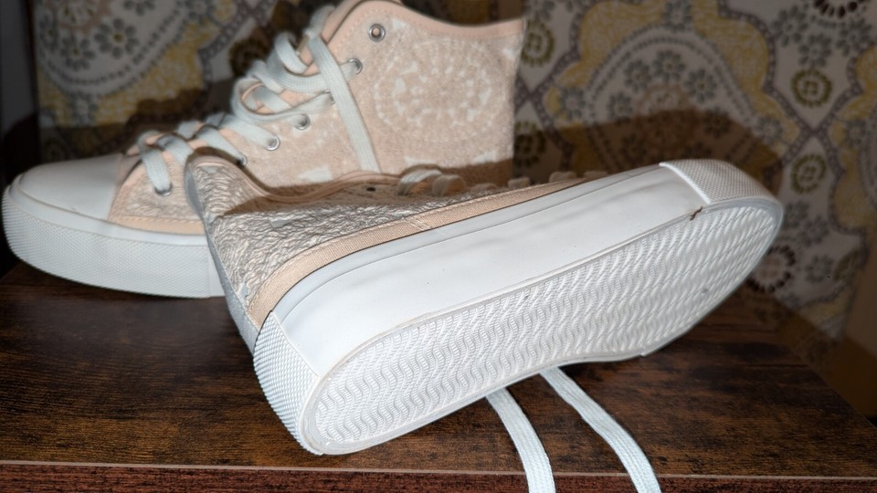 American Eagle Womens High Top Sneaker, Lace Up with Lace , Cream