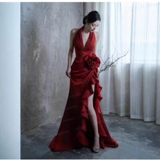 2025 Wine Red Toast Dress Neck Hanging Bridal Split Wedding Evening Party Dress