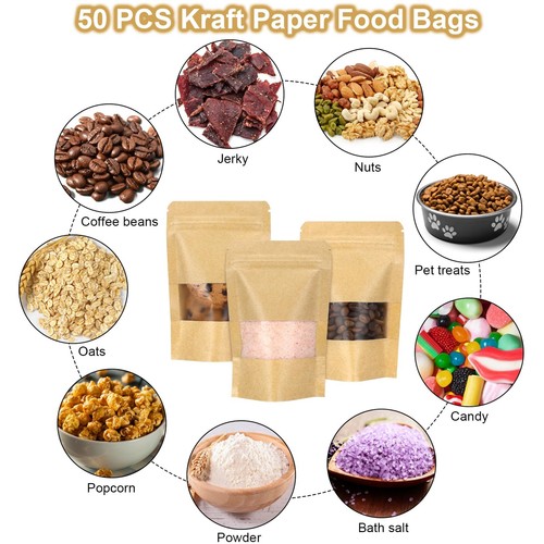 50 Pack Kraft Stand Up Pouch Bags Resealable Paper Bags with Window for Snacks - 第 5/7 張圖片