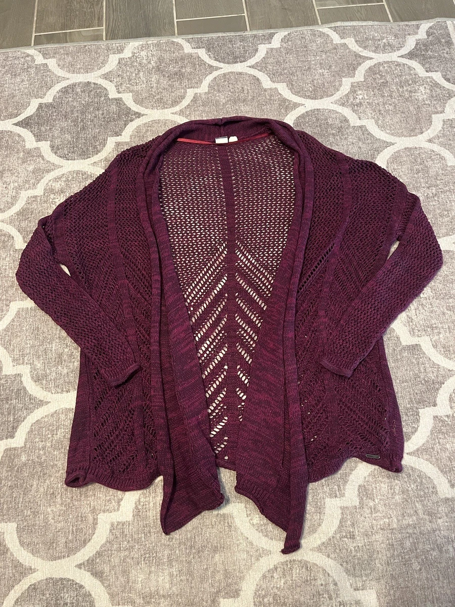 roxy open knot purple waterfall cardigan size medium cotton and