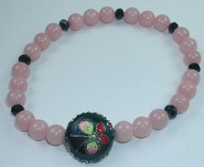 Handcrafted Pink Bead Stretch Bracelet with Black Cloisonne with Butterfly