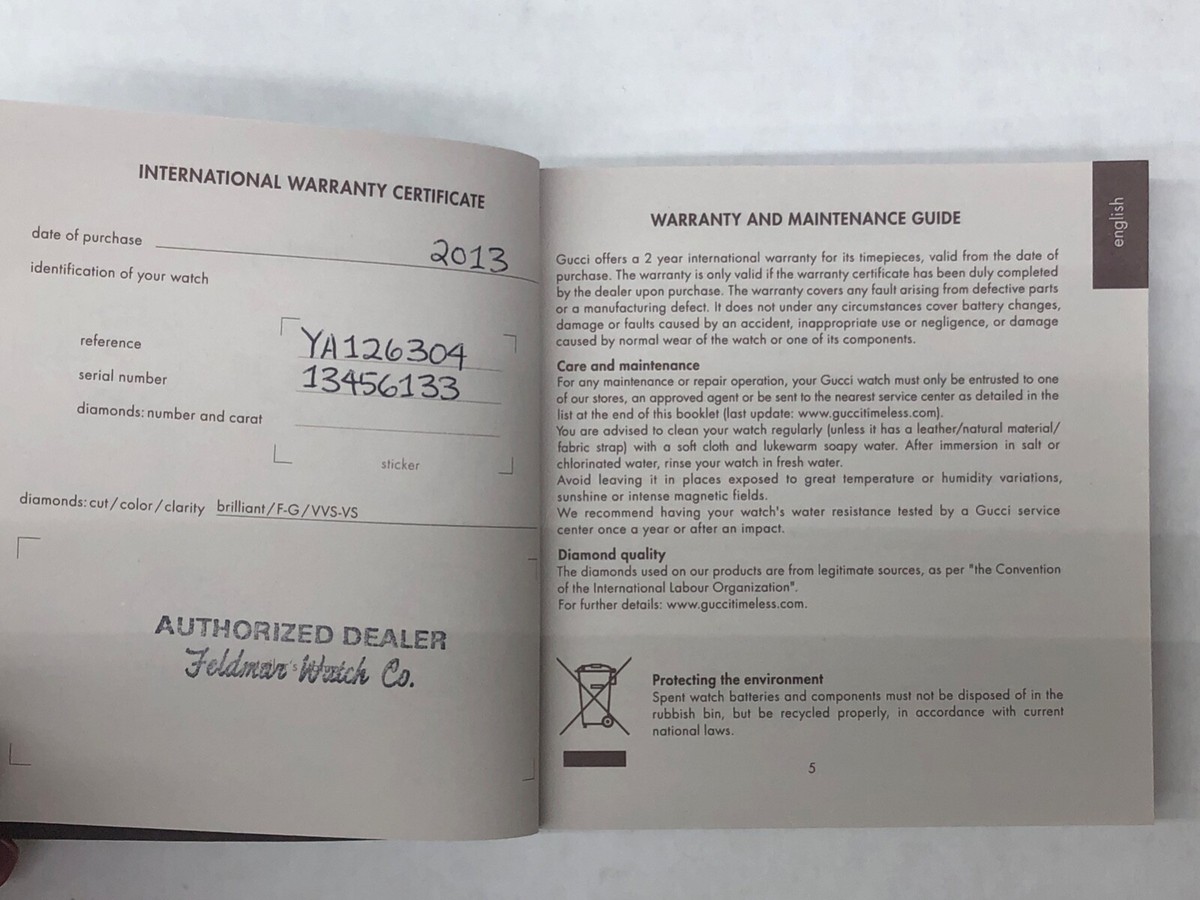 GUCCI Watch Original Warranty and maintenance booklet | eBay