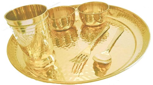 PURE Brass Dinner Set - 6 Pieces, Yellow, Golden - Picture 2 of 3