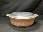 Vtg. Pyrex Casserole Dish w/Lid, #471-B, Brown, Floral Pattern, 7.75" W w/Handle