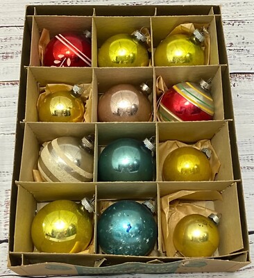 12 Vintage 1940s Shiny Brite Glass Ball Ornaments Uncle Sam Green Box