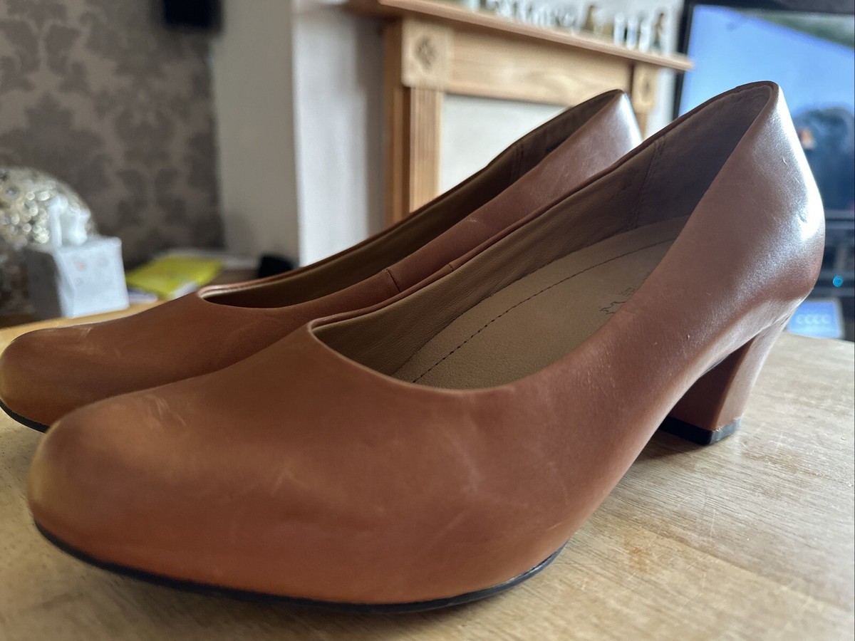 Hotter Angelica Leather Block Heel Court Shoes UK6Tan Brown NEW Dual WIDTH