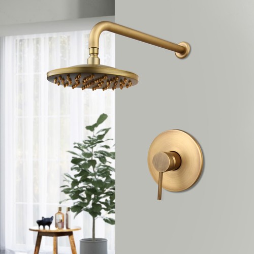 Bathroom Round Antique Brass  8" Shower Faucet Set Wall Mounted Mixer Taps - Picture 5 of 10