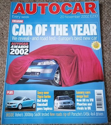 Autocar magazine 20 November 2002 feat. CotY, Tigra, A8 v Phaeton, S60R