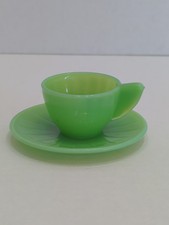 Vintage Akro Agate Children's Jadeite Green Teacup Saucer Miniature Set