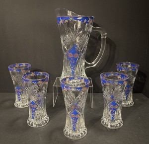 VTG Clear Cut Glass Starburst & Blue/Pink/Gold Pitcher & 5 Tumblers Set of 6 pcs