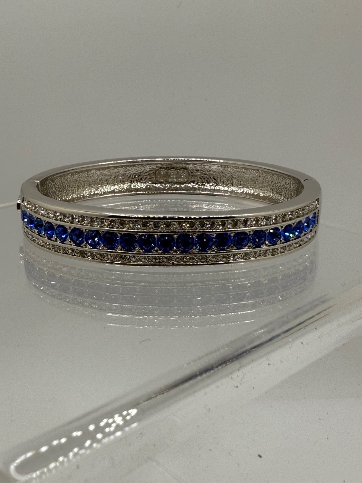 Vintage Camrose Kross JBK Bangle Bracelet Silver Tone Blue Clear Rhinestone 6.5"