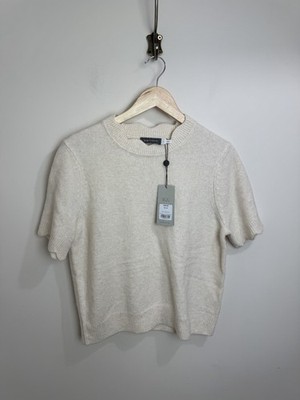 Neuwertiger Strickpullover Samt beige Größe L Kurzarm Jakobsmuschelkante UVP 69£